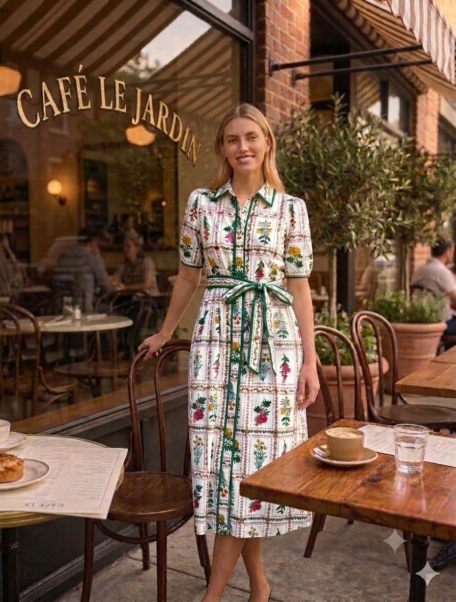 NWT LEA Floral Seed Packet Printed Belted Shirt Dress in Cream Green $99 Size S