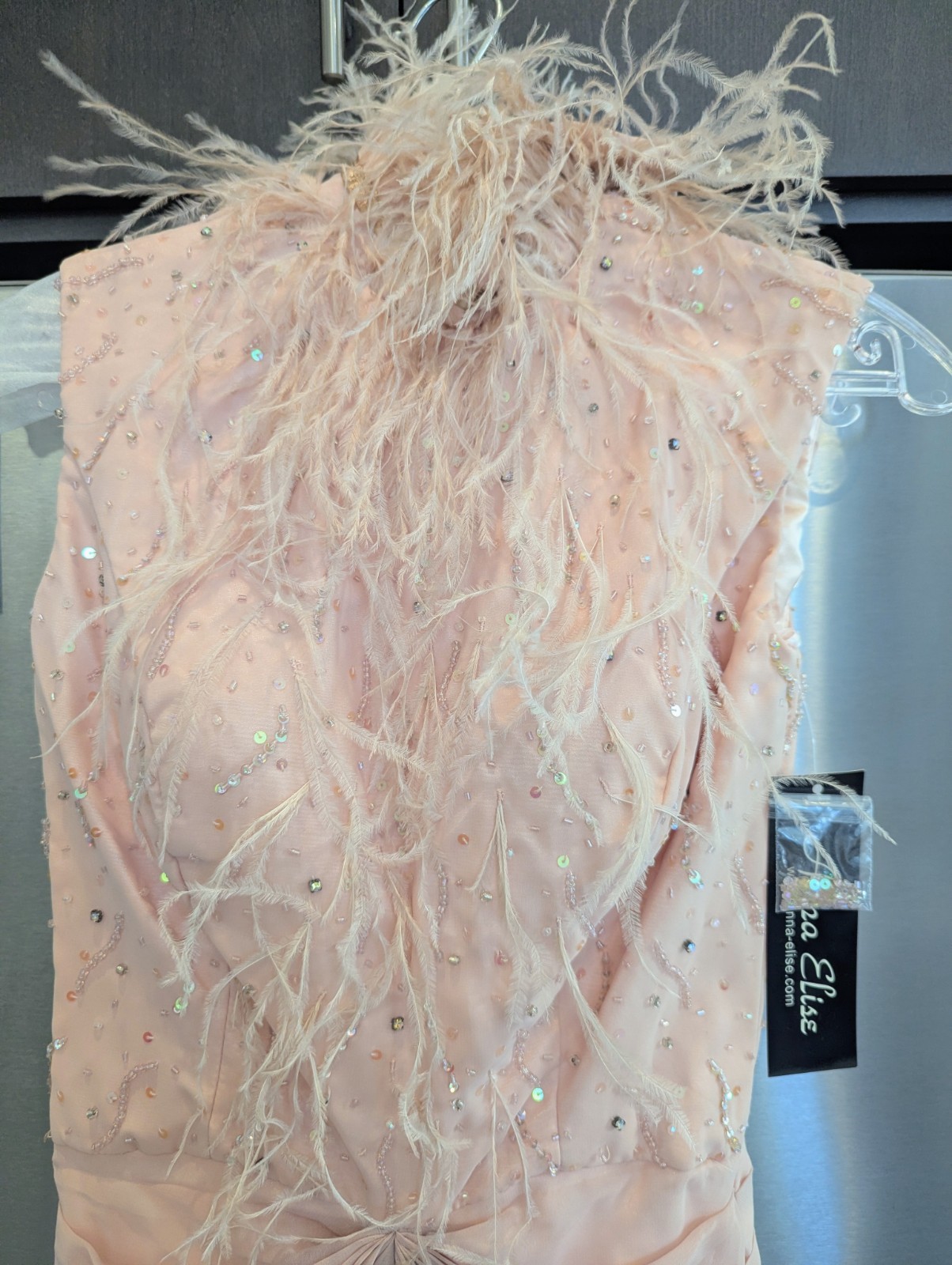 Anna Elise Peach Long Sleeveless Sequin Beaded Feather Zip Evening Gown 0