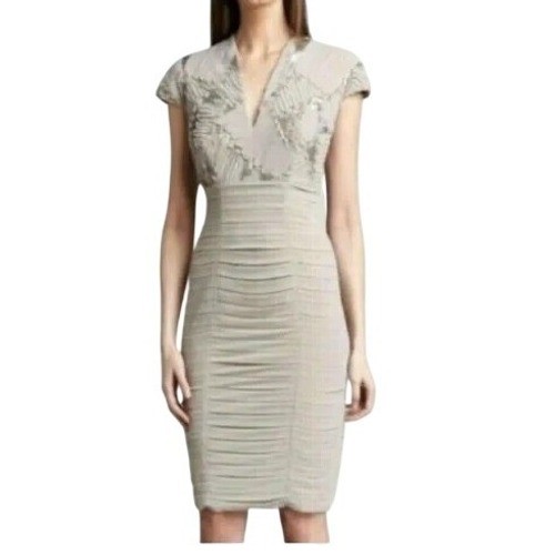 Tadashi Shoji Pleated Layered Chiffon Sequin Cap Sleeve Dress Size 4 Beige