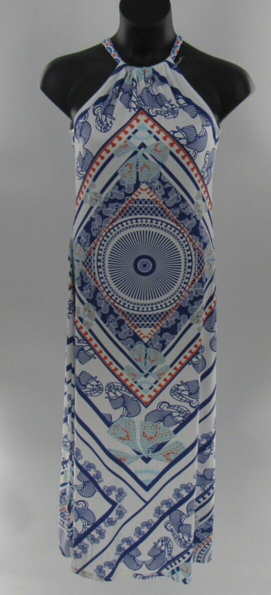 Women’s Tropical Print Maxi Dress White Orange Blue Red Size Large EUC