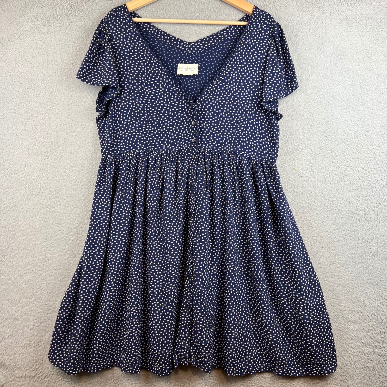Denim & Supply Ralph Lauren Navy Polka Dot Button Front Babydoll Dress Women L