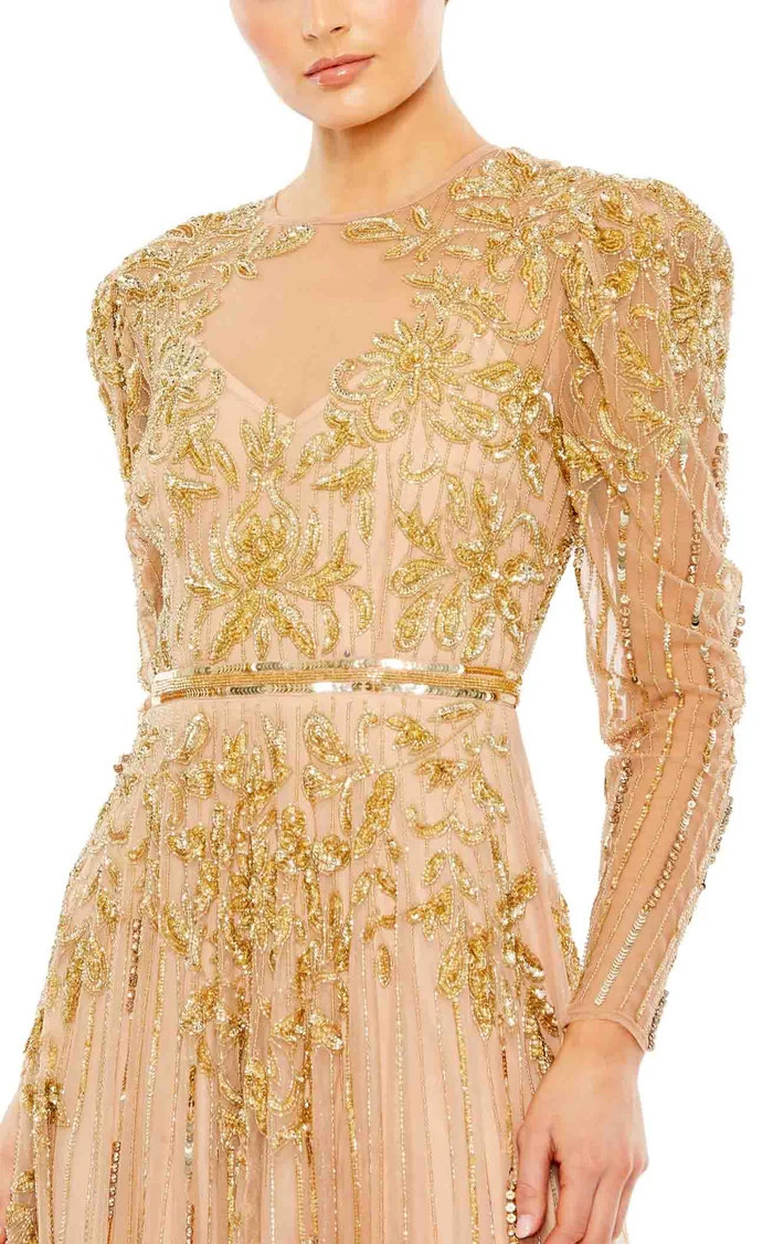 Mac Duggal Nude Beige Gold Beaded Illusion Puff Sleeve Gown Size 18 $598