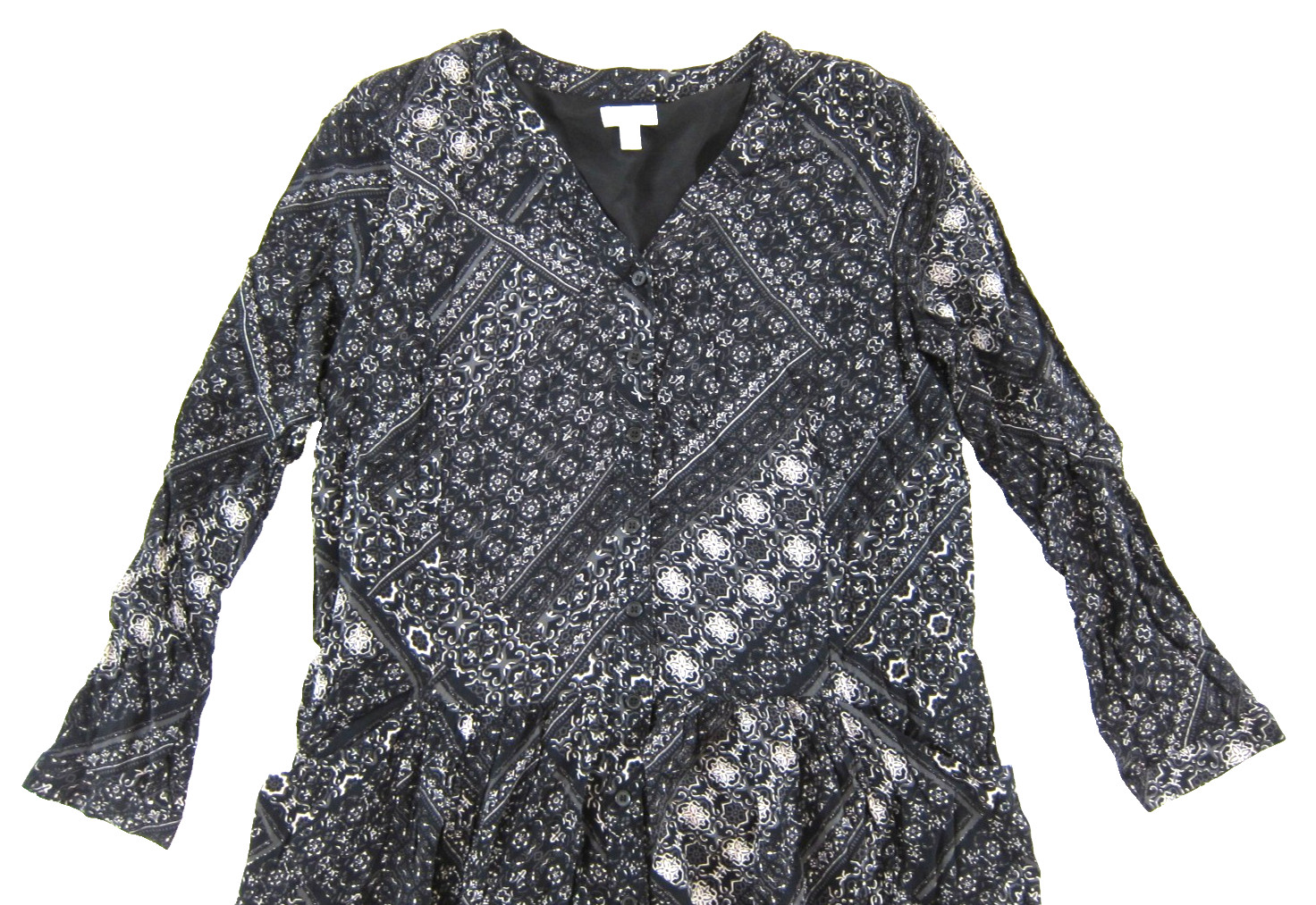 Garnet Hill Grey Black Rayon Button Up Paisley Pocket Long Sleeve VNeck Dress 10
