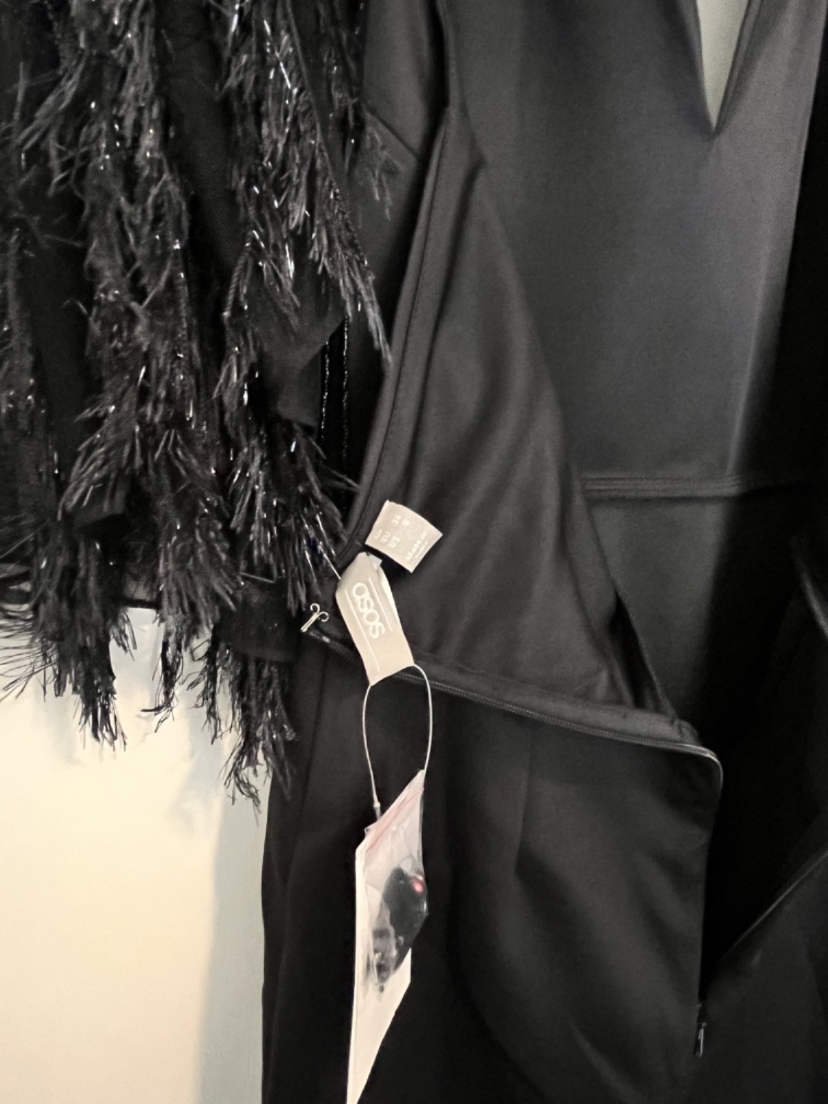 NWT ASOS DESIGN Black Faux Feather Beaded Cape Mini Halter Dress Sz 6