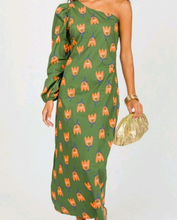 Karlie Poplin Poppy Print One Shoulder Dress Balloon Sleeve Maxi NWT SzM