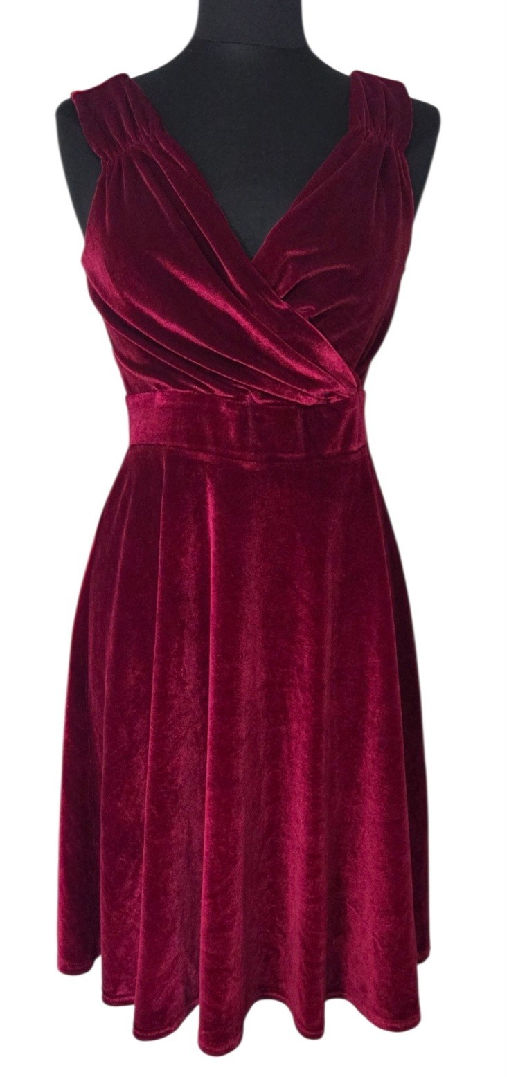 Grace Karin Burgundy Cocktail Dress Sleeveless Fit & Flare Draped V-Neck Size M