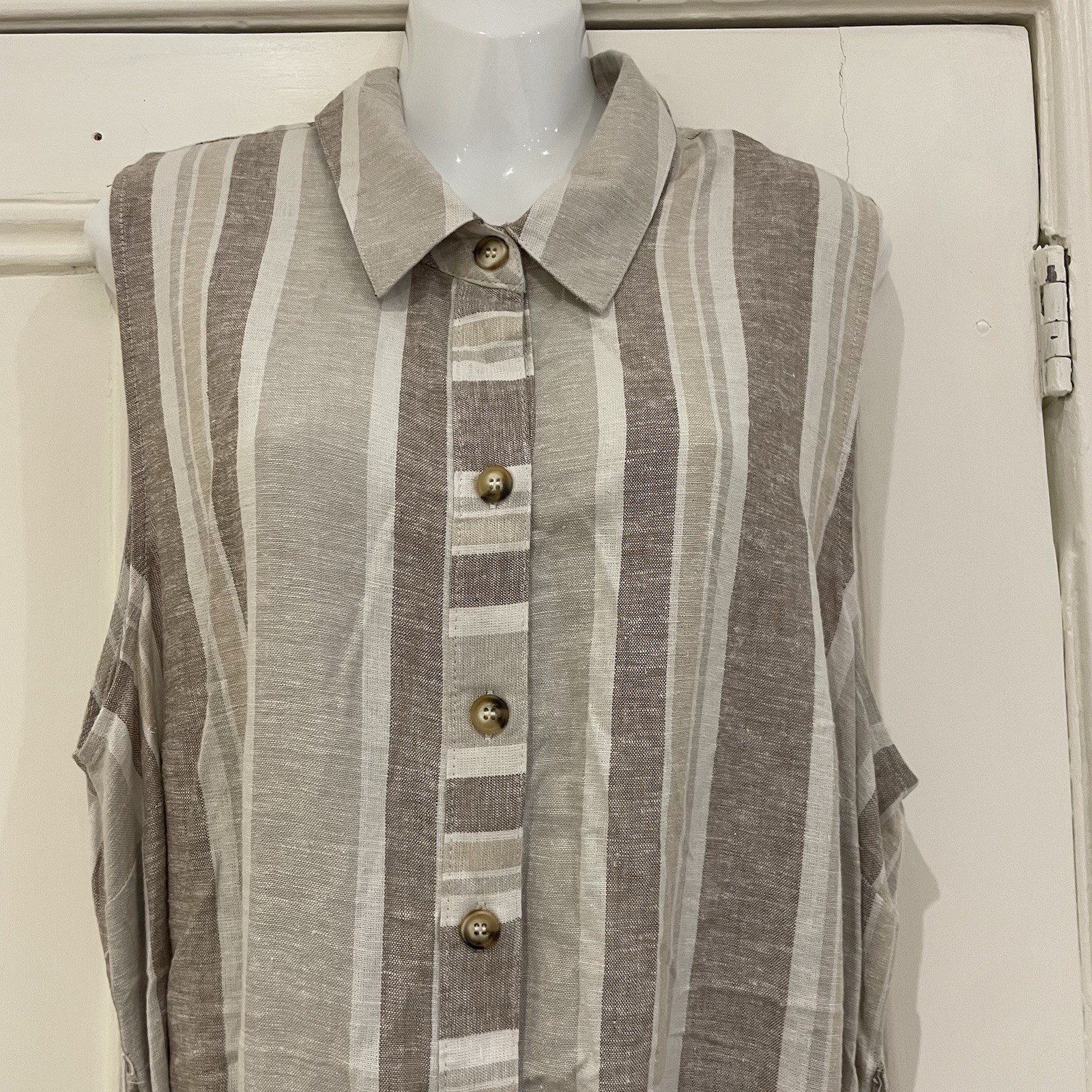 Tu Linen Blend Neutral Striped Button Midi Dress – Belted – Sleeveless – UK 20
