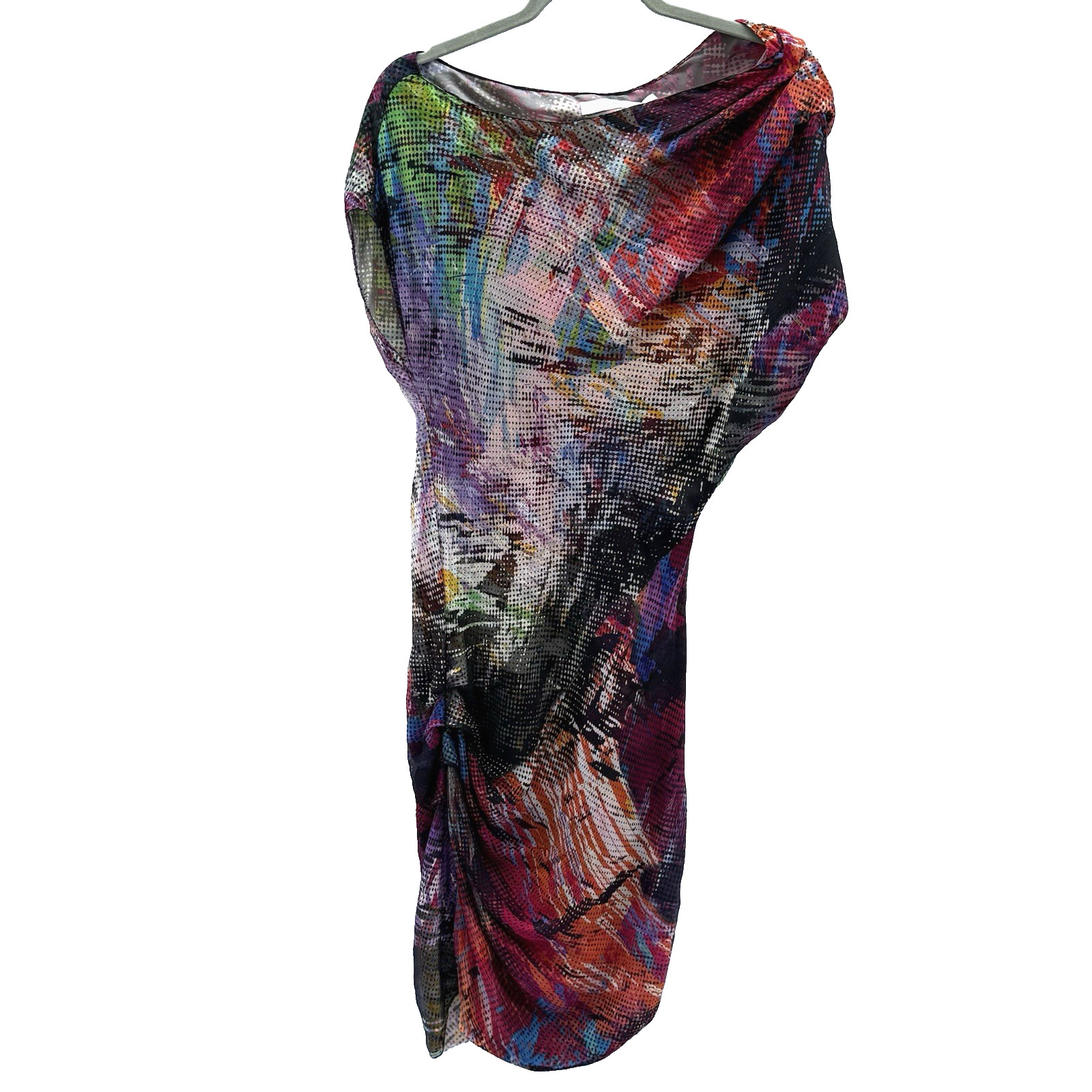 Carlos Miele 100% Silk Dress 38 US4 Ruched Colorful Abstract Art Sheer Overlay