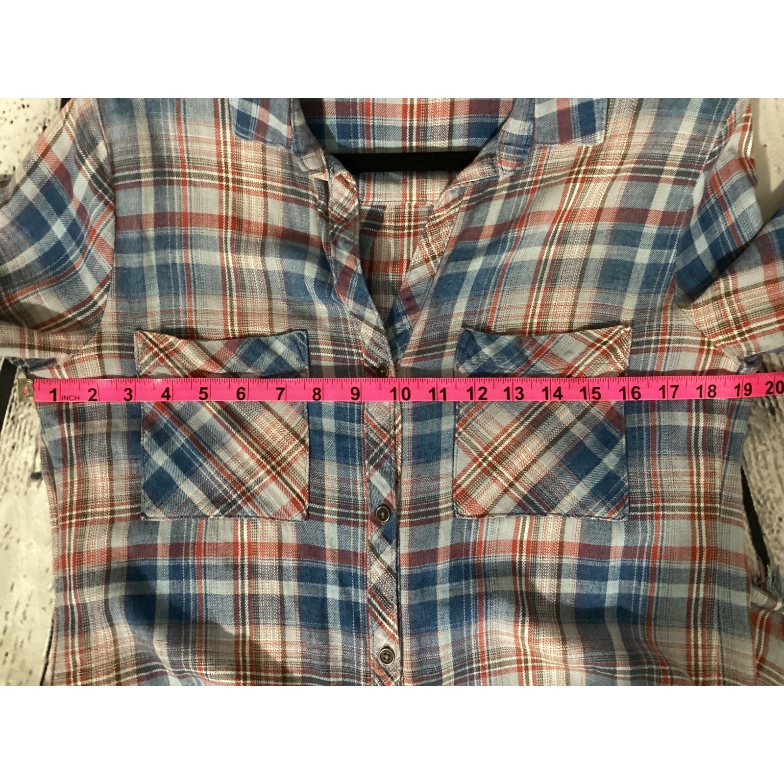 Cloth & Stone Plaid Button Down Shirt Dress Blue Red Frayed Hem XS Long Sleeve