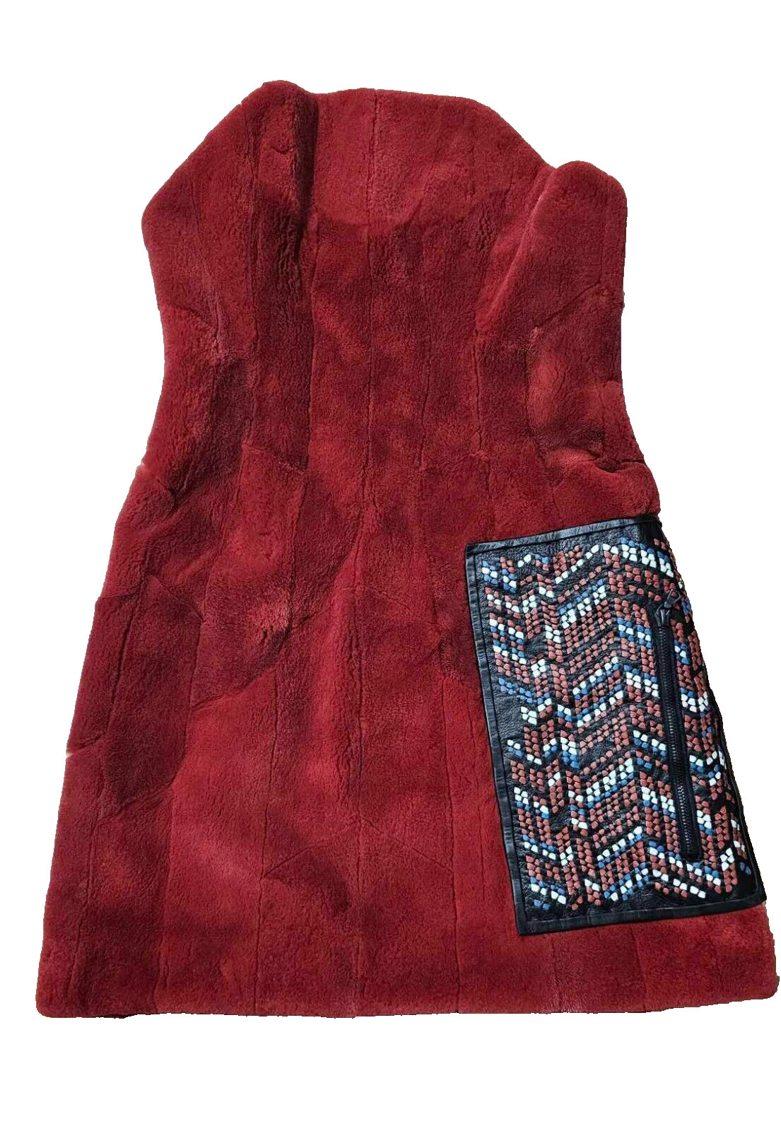 Vintage Red Shearling Fur Strapless Mini Dress w/ Beaded Leather Pocket Size M