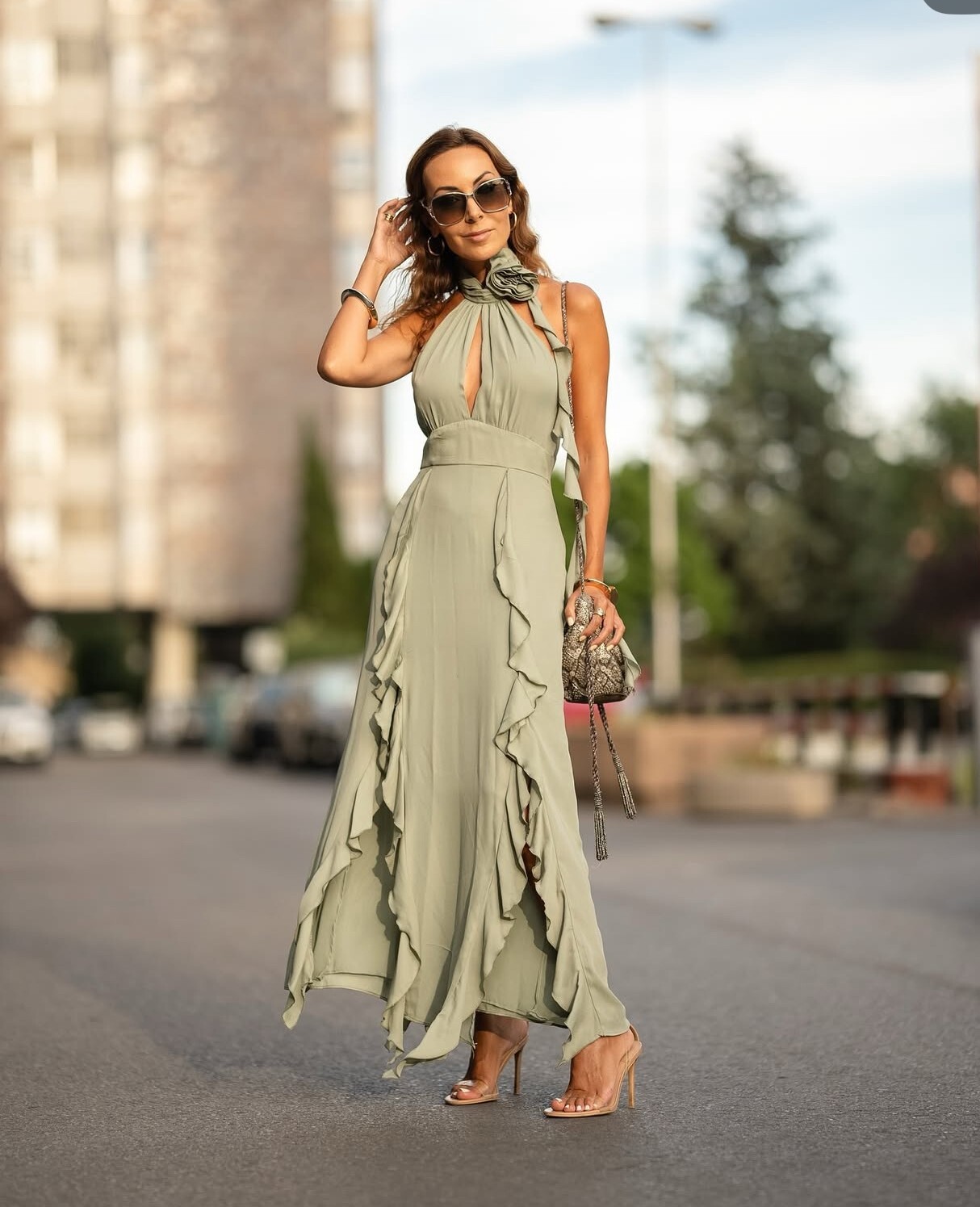ZARA WOMAN NWT RUFFLED FLOWER HALTER NECK MIDI DRESS SEA GREEN | 8978/327 FW24