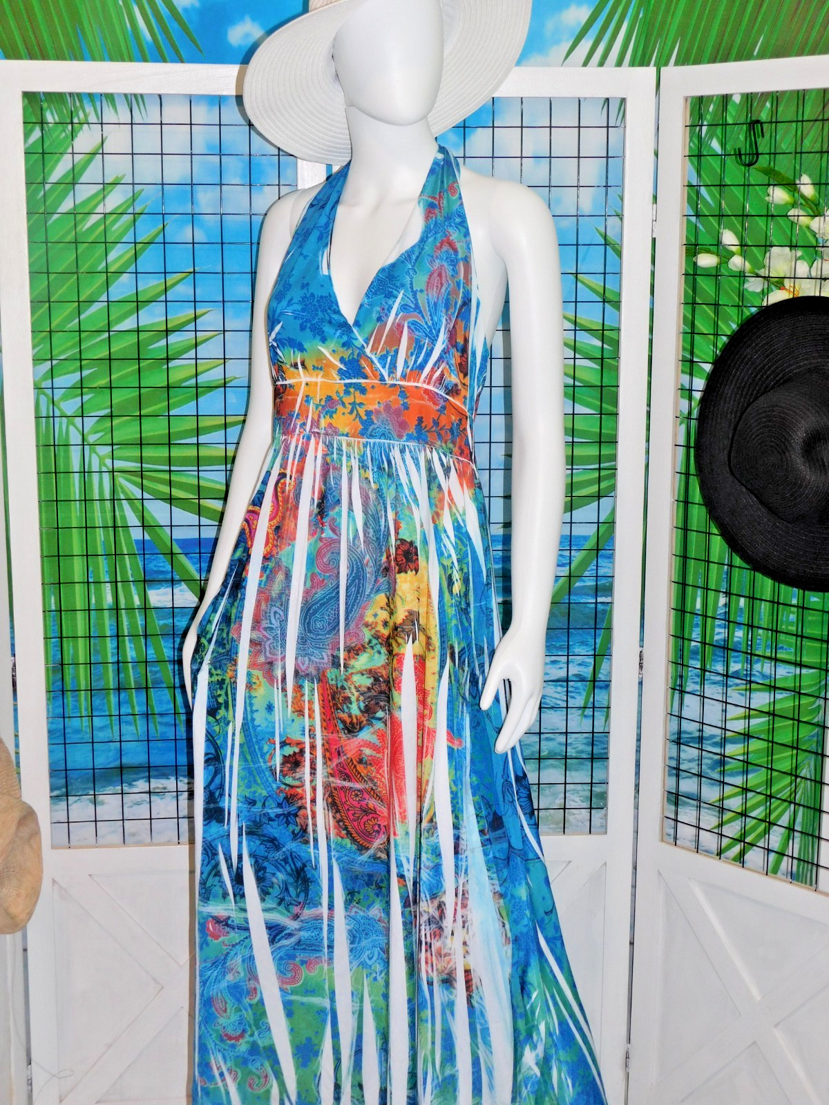Tropical maxi Halter Dress, hostess, pool beach, Full Stretch Lined Bodice Large