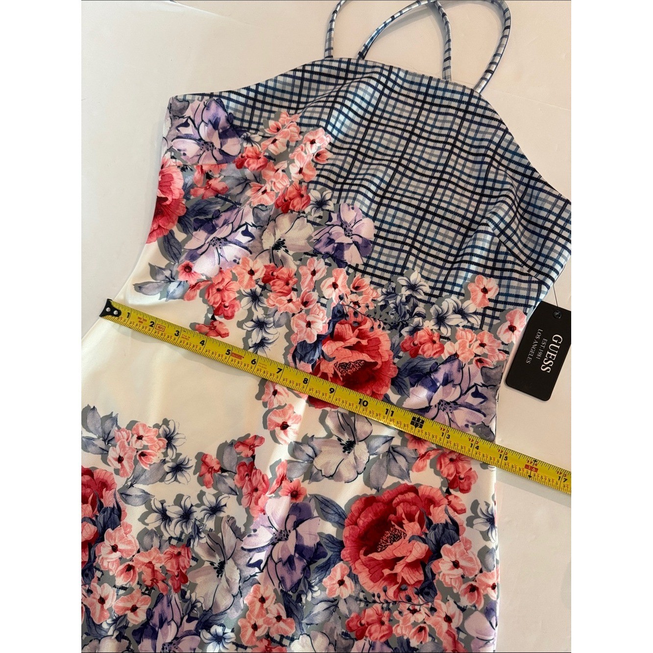 Guess Bodycon Mini Dress Floral & Gingham, Spaghetti Straps- size 10