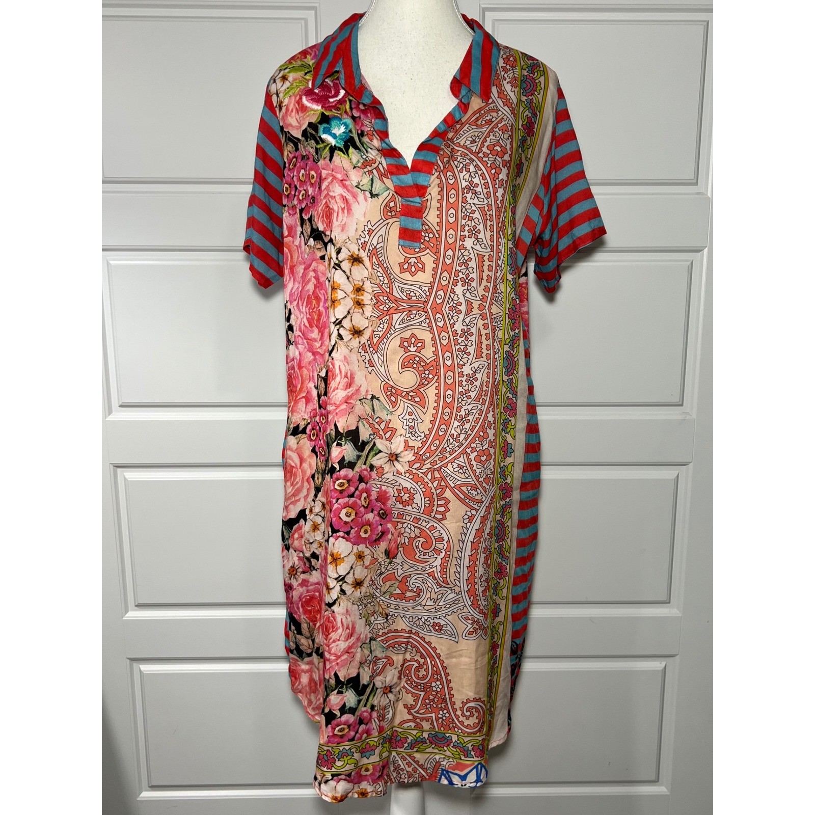 Artful Embroidered Floral Paisley Stripe Collared Soft Modal Shirt Dress Large