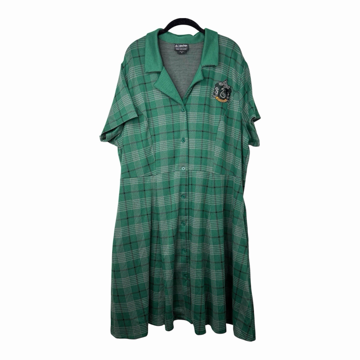 Her Universe Harry Potter Slytherin Green Plaid Dress Pockets Short Sleeve Sz 4