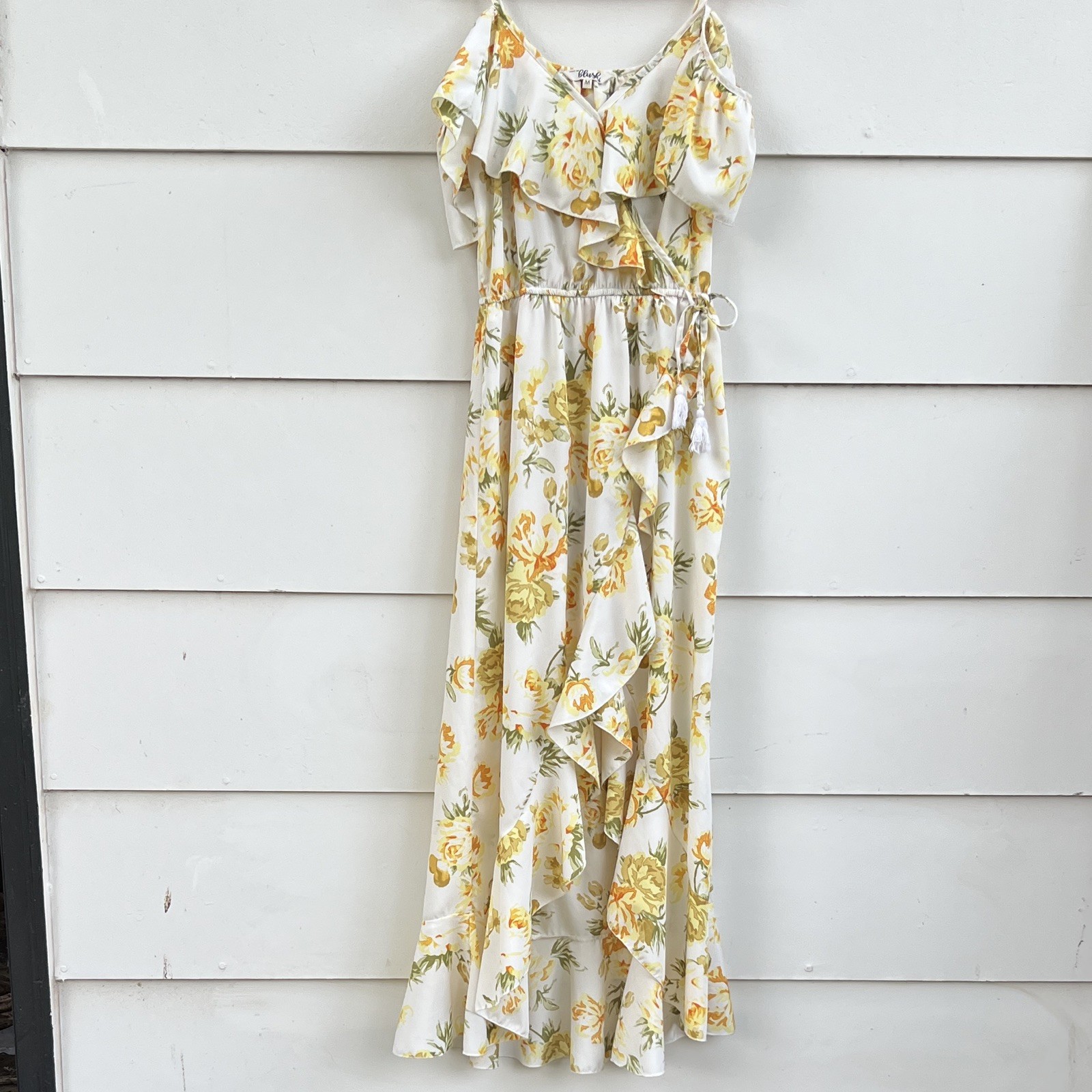Women’s Sleeveless Floral Romantic Ruffle Yellow Rose Pattern Summer Dress M