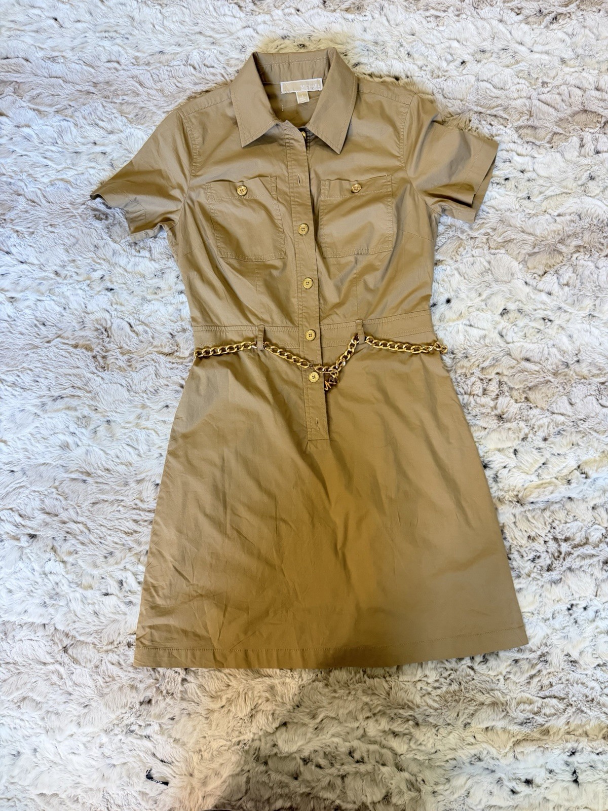 Michael Kors Beige Shirt Dress 2 Short Sleeve Button Front Chain Belt Pockets