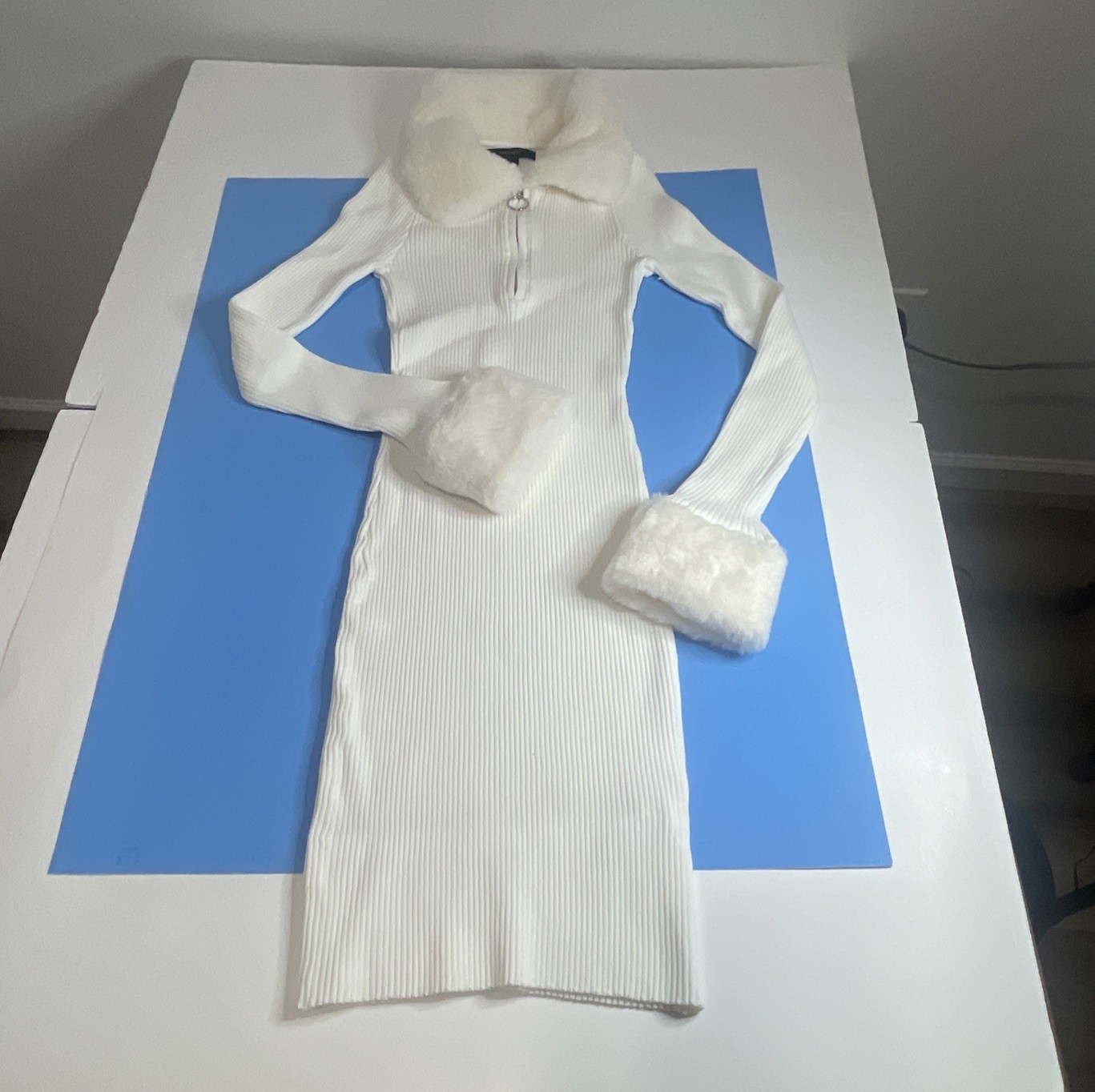 Forever 21 Faux Fur Trim Synthetic Knit Quarter Zip Sweater Dress White Size S