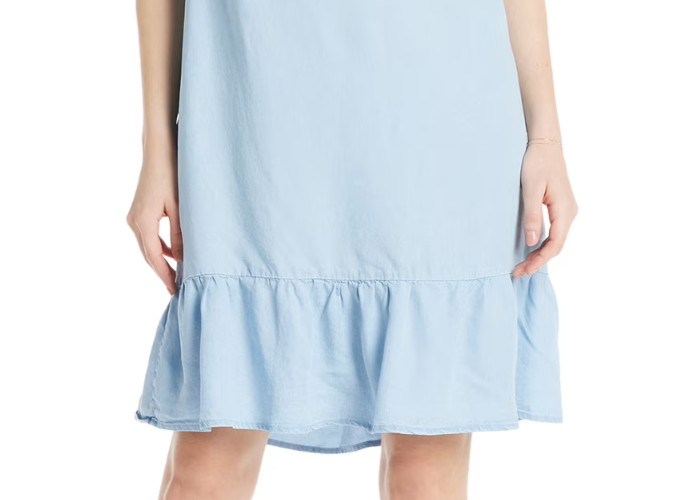 Time and Tru Womens Split Neck Dress with Flounce Hem Light Blue Size M (8-10)