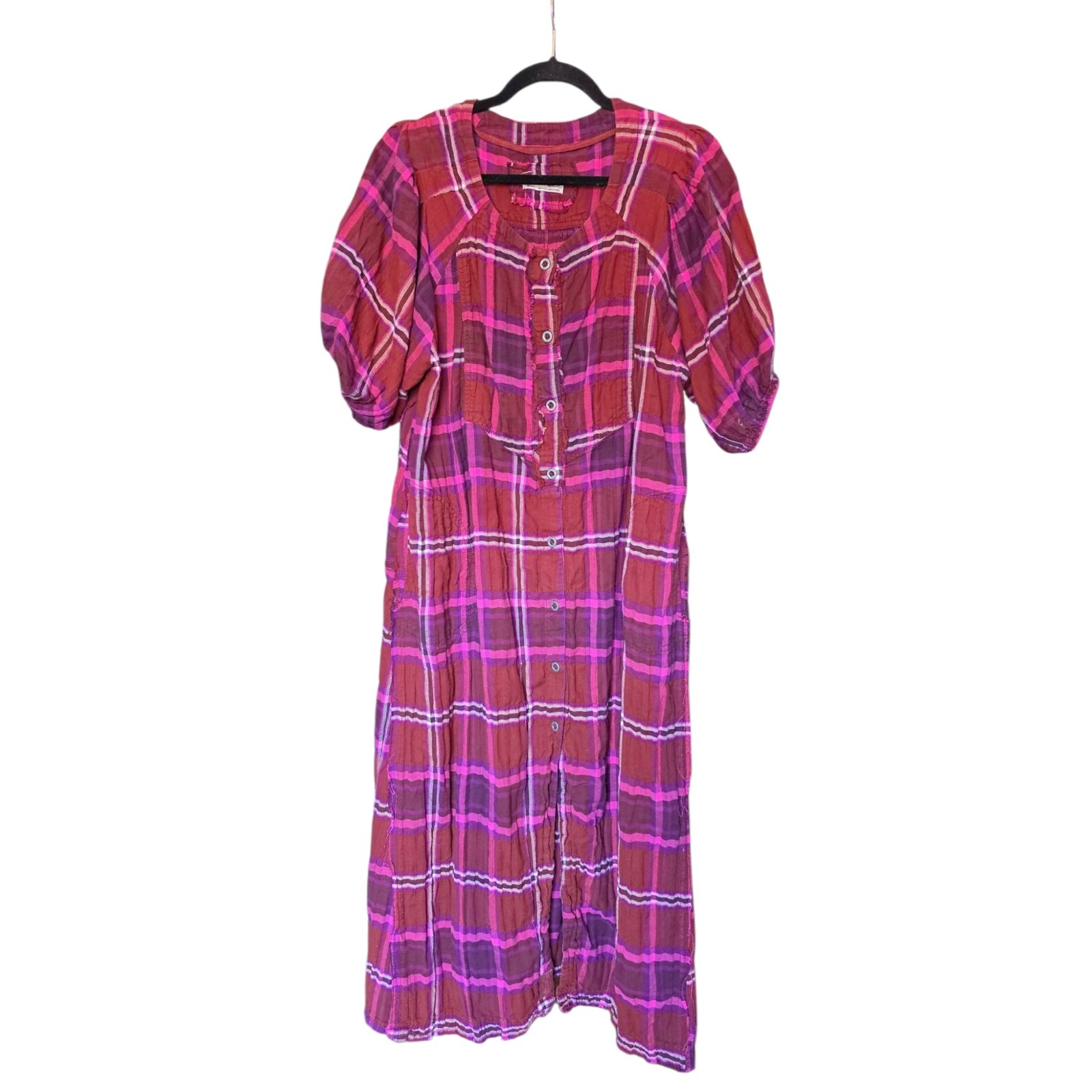 Free People Jerra Plaid Floral Sheer Button Front Maxi Shirt Dress Small