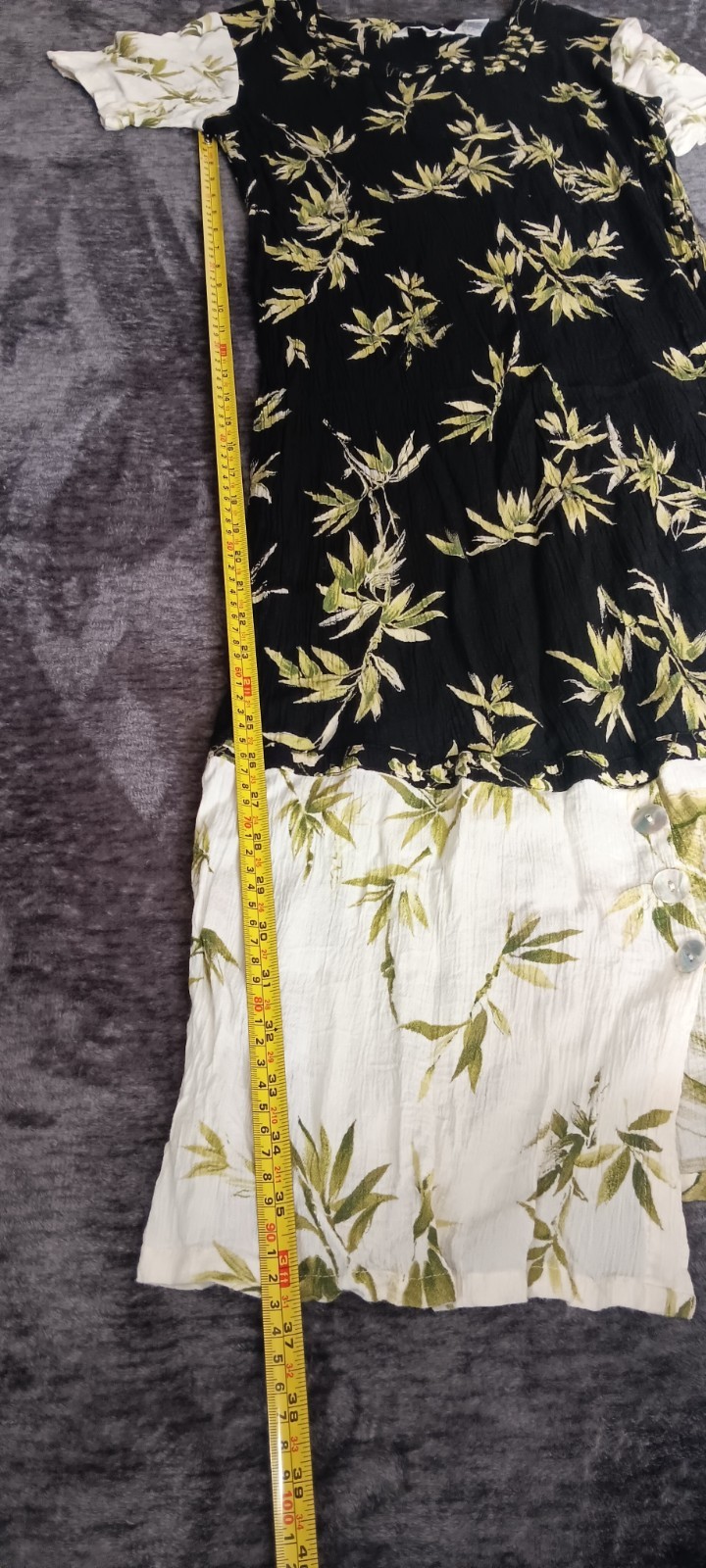 Vintage CASUAL STUDIO Black/GreenFloral Linen Dress Square Neck Short Sleeve M