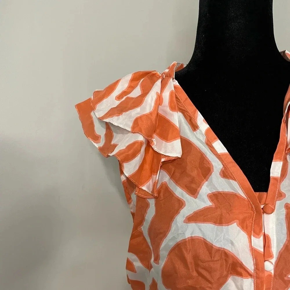 Ann Taylor Loft 100% Silk Coral and White Geometric Ruffle Sleeve Mini Dress