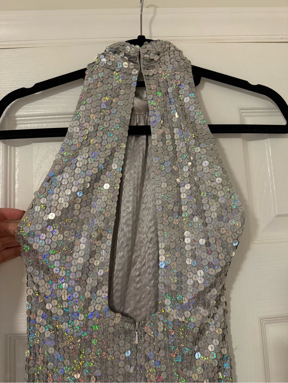Vintage Papell Boutique Evening Silver Sequin Halter Gown Size 4 Formal Dress
