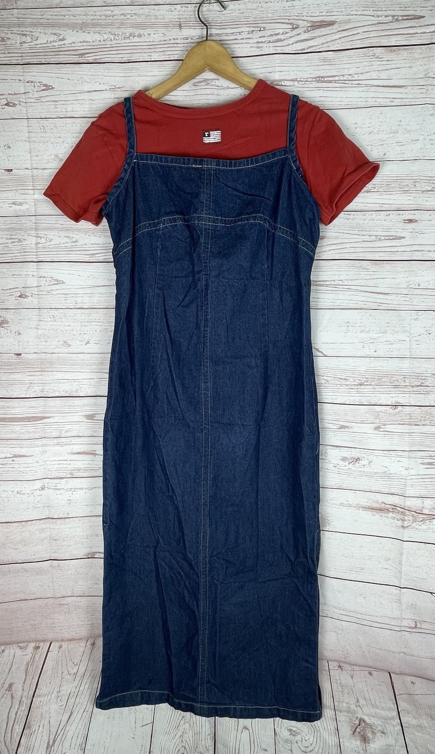 Route 66 Denim Jumper Dress Sz 12 Red Knit Top Slits At Hem Zips 90’s Vtg