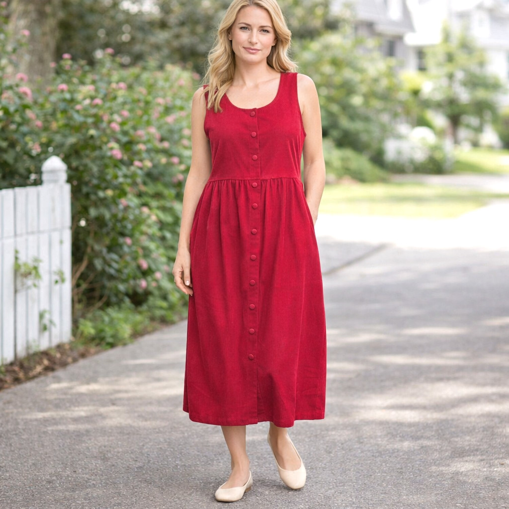 Vtg Appleseeds Corduroy Sz LP Overall Jumper Dress Red Buttons 90’s Cottagecore