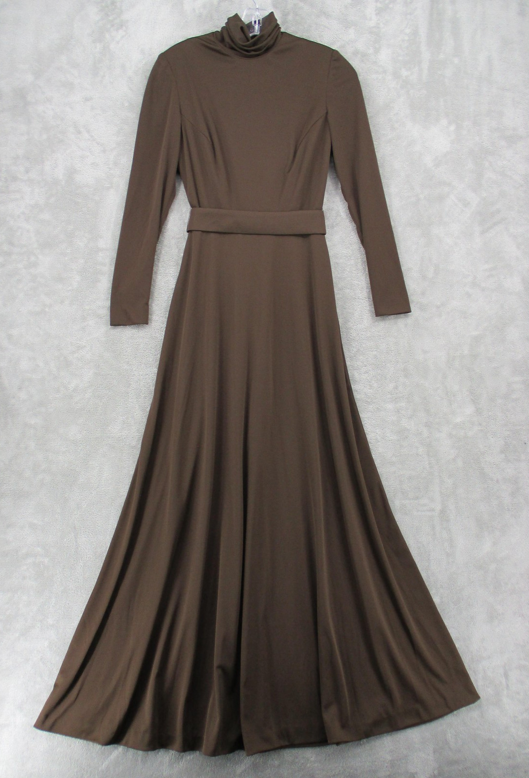 True Vintage Lilli Diamond Dress 6 Quiana Mock Modest Belted 70s Chocolate Brown