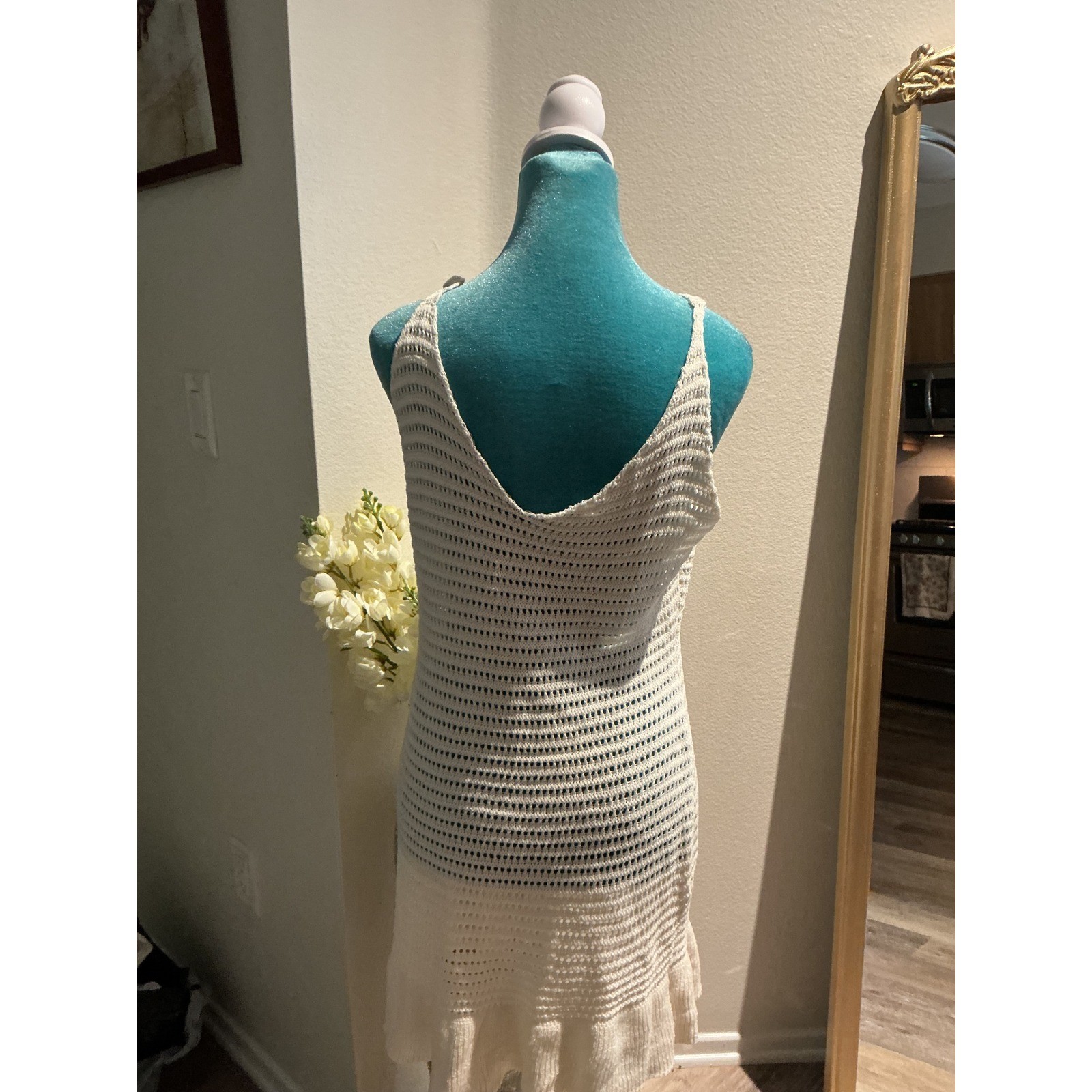 White Crochet Knit Mini Dress Sleeveless V-Neck Ruffle Hem Beach Cover Up Summer