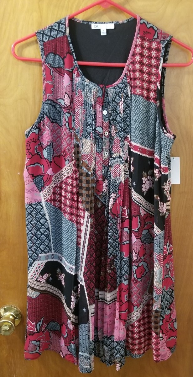 Women’s DR2 by Daniel Rainn Patchwork Print Pleated Boho Dress Shift size Small