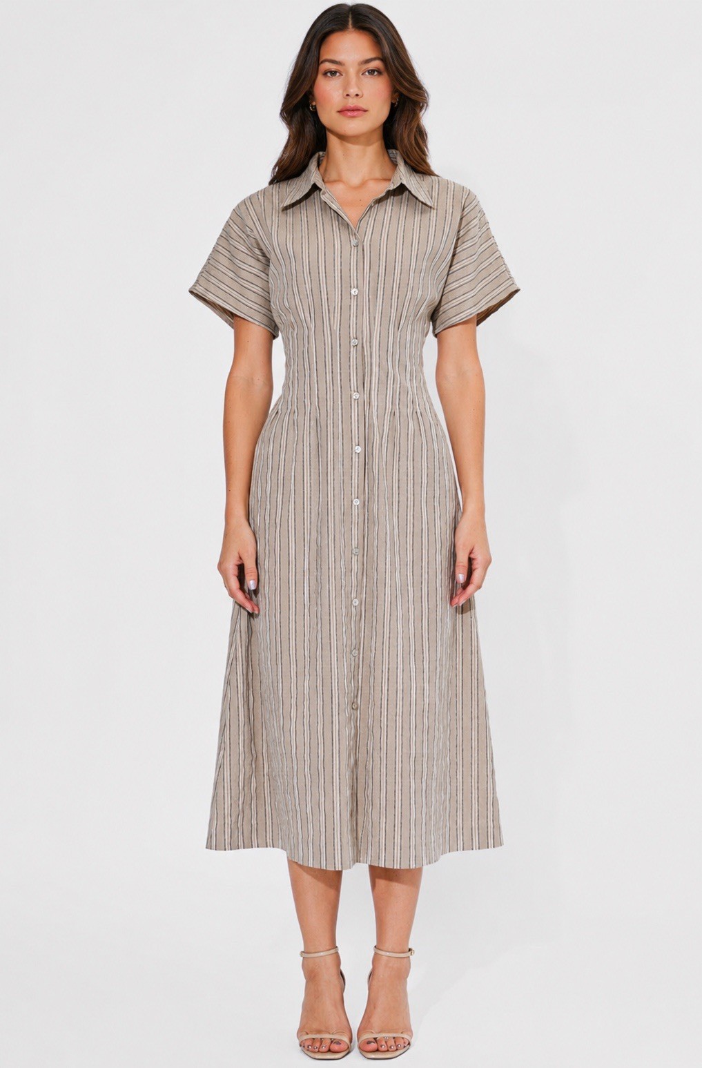 Adelyn Rae Audrey Stripe Cotton Blend Maxi Mocha Button Up Shirt Dress Large NWT