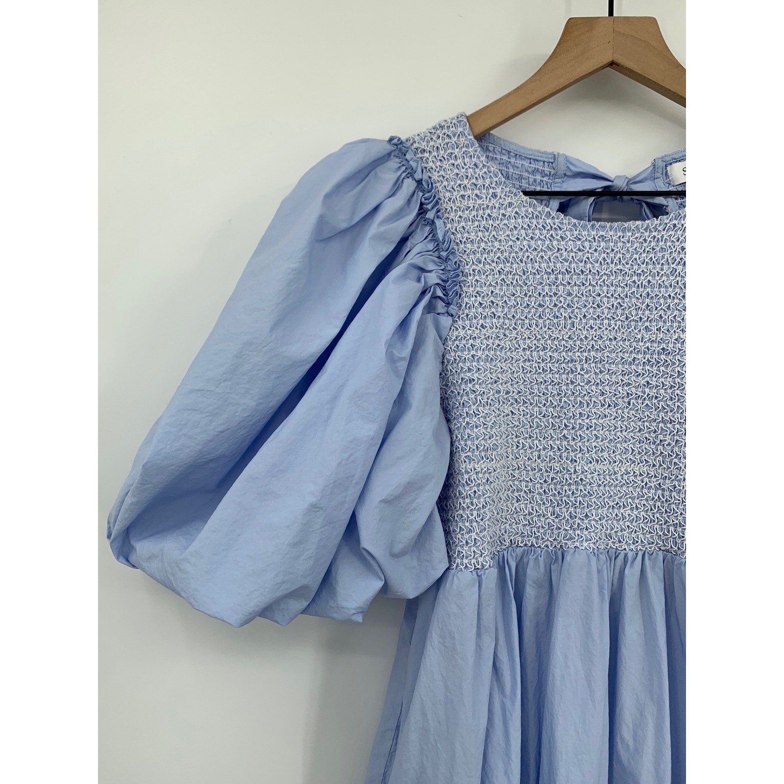 Sofie the Label Dress Womens Large Blue Smocked Puff Sleeve Tiered Back Tie Maxi