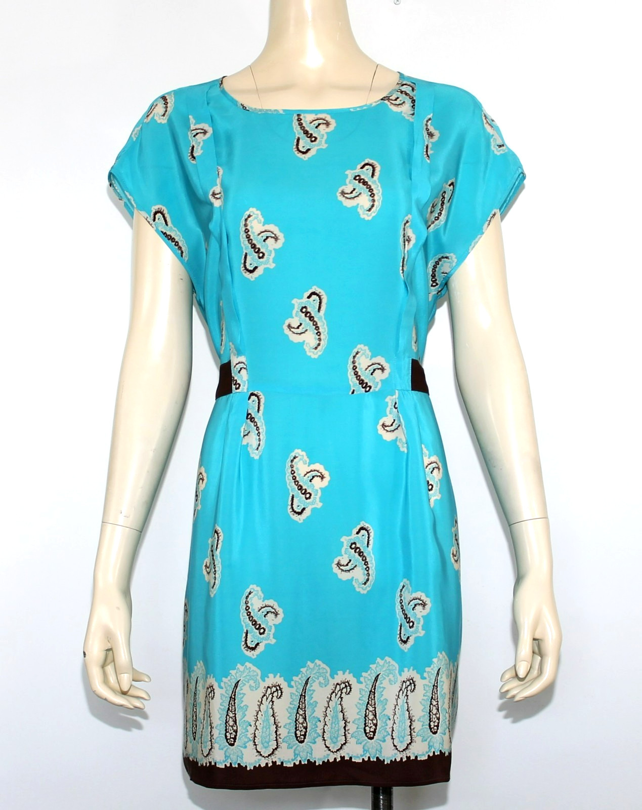 Anthropologie Petticoat Alley Women’s Blue Brown Silk Paisley Dress Belted Sz M
