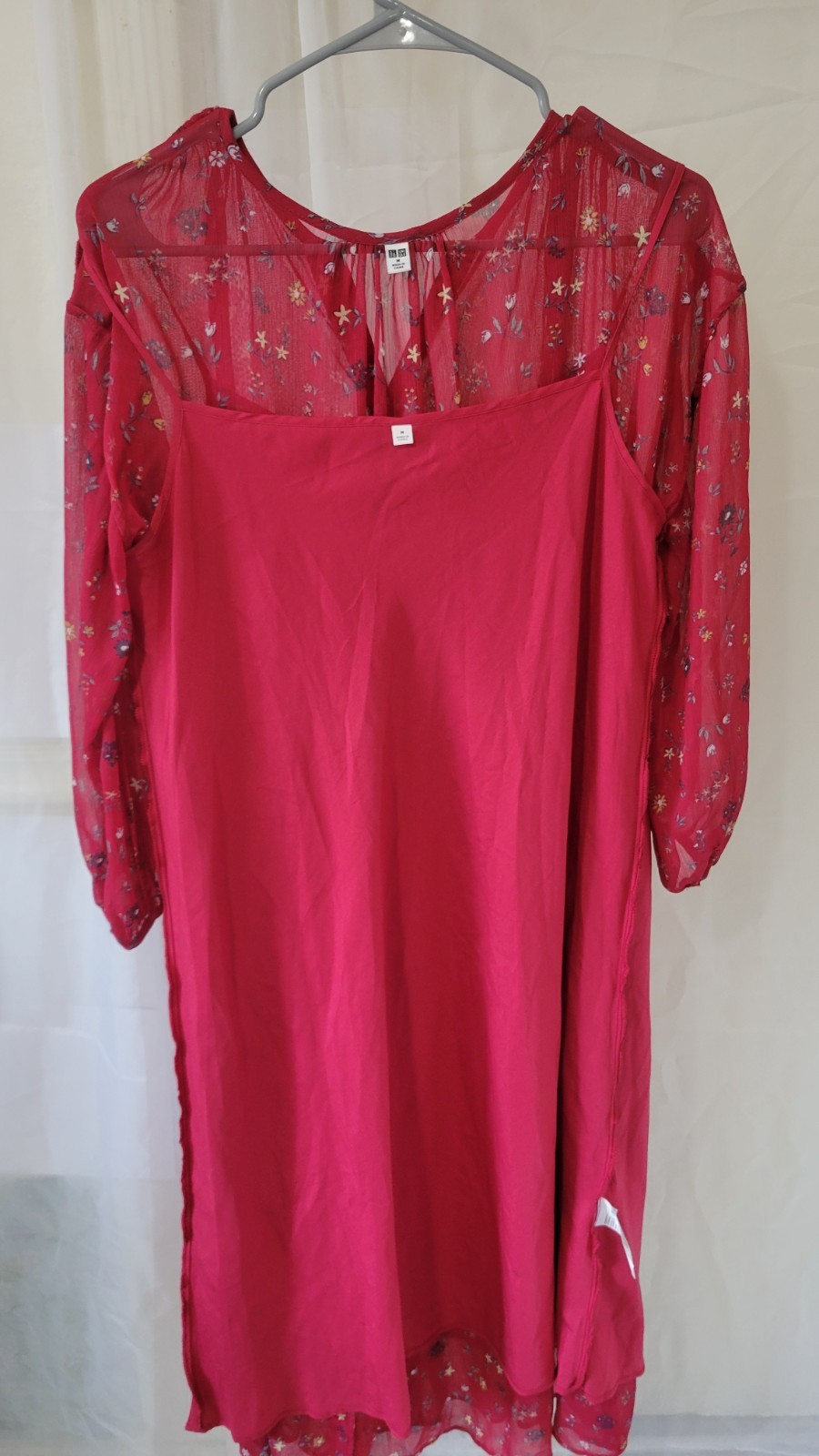 Uniqlo Sheer Women Drawstring Waist Button Down Red Floral Boho Midi Dress, sz M