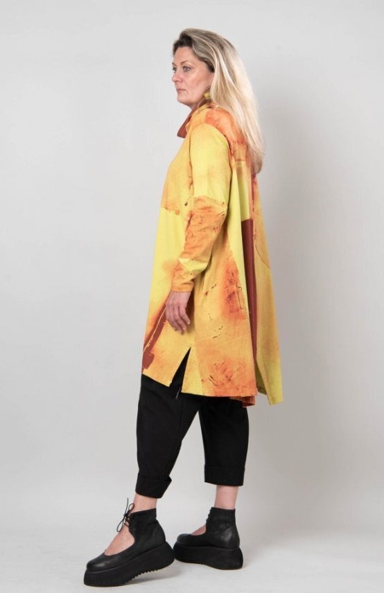 MOYURU Sz M Medium Yellow Orange Red Abstract Tunic High Neck Dress NWT