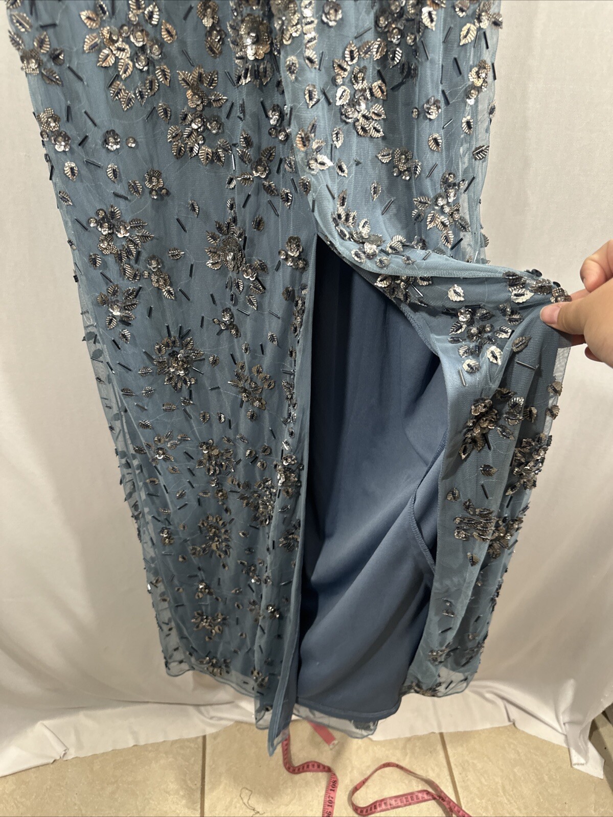 NWT Mac Duggal [ 10 ] 5477 Floral Embellished Scoop Neck Gown in Slate Grey J785