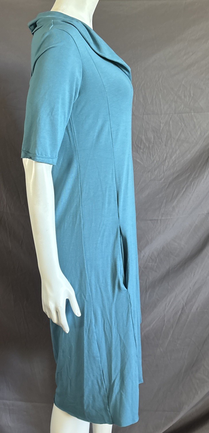 Ruby Jane Chloe Jersey Dress Sz L Pockets Fiji Blue Cowl Lagenlook USA Excellent