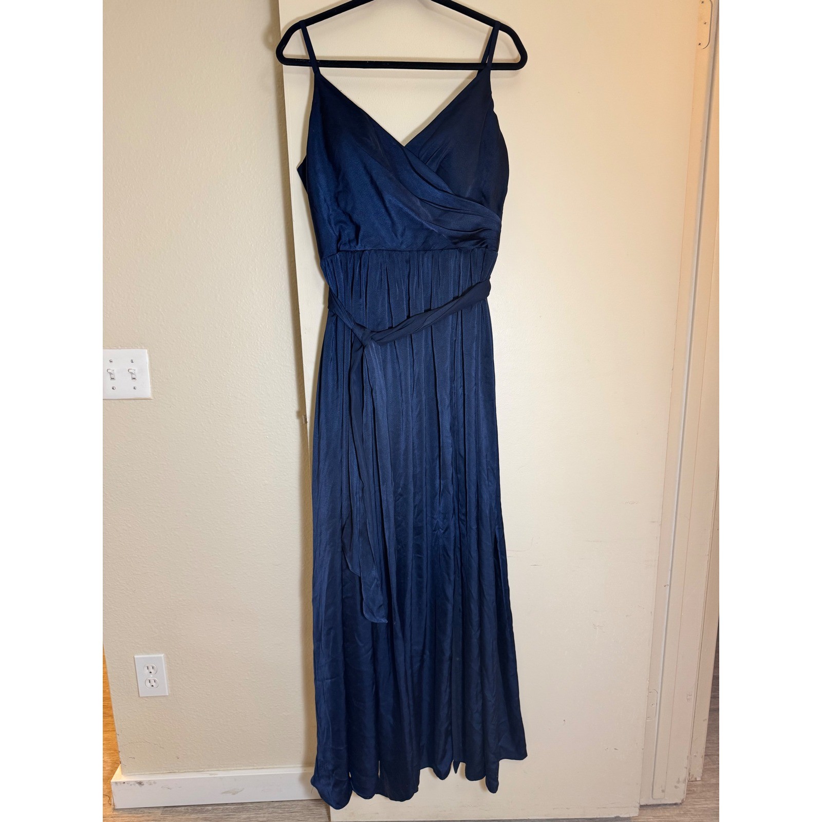 Stacees Navy Blue Satin Maxi Dress SurpliceV-Neck Pleated Formal Bridesmaid Gown