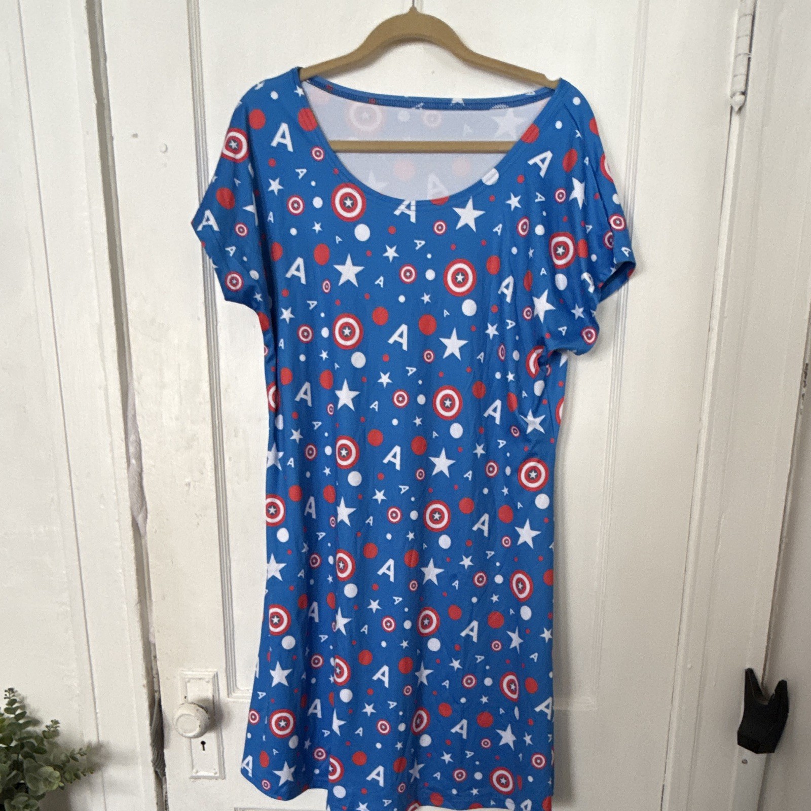 Blue Captain America Graphic Print Short Sleeve A-Line Knee Dress L/XL