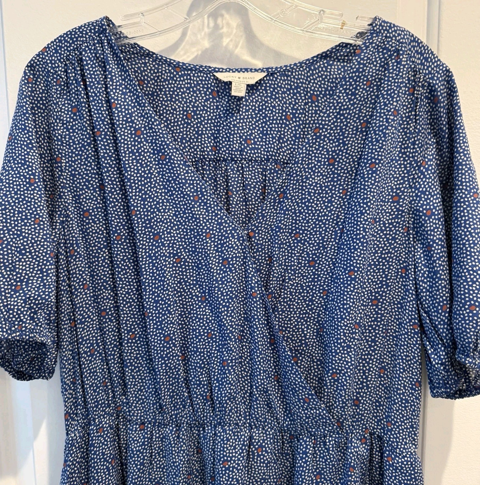 Lucky Brand Short Sleeve Polka Dot Dress Size L Boho Stretch Waist Seller Owned