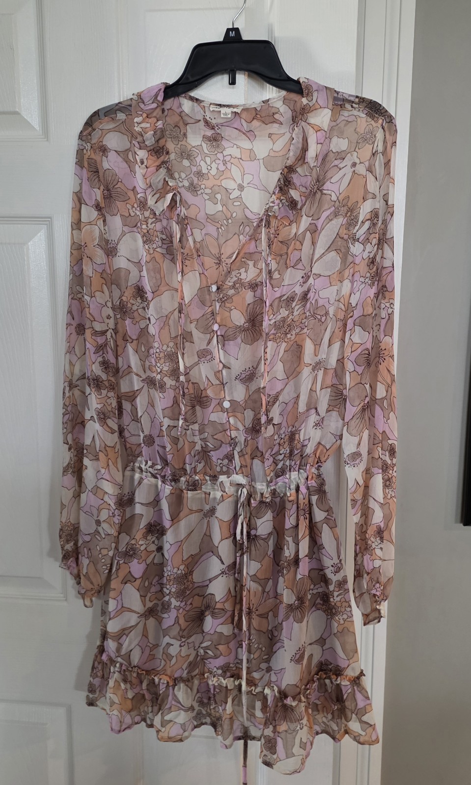 For Love & Lemons Pink Neutral Floral Sheer Mini Drawstring Waist Dress Large