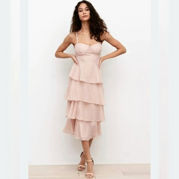 NWOT Yumi Kim – S – Lurex Swiss Dot Bluck Midi Dress pink