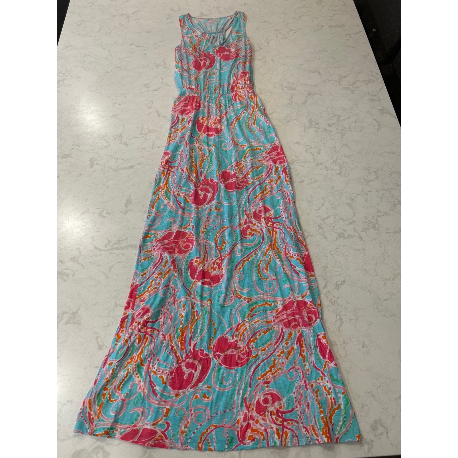 Lilly Pulitzer Jellyfish Jam Cotton Maxi Dress Blue Pink V-Neck Racerback Small
