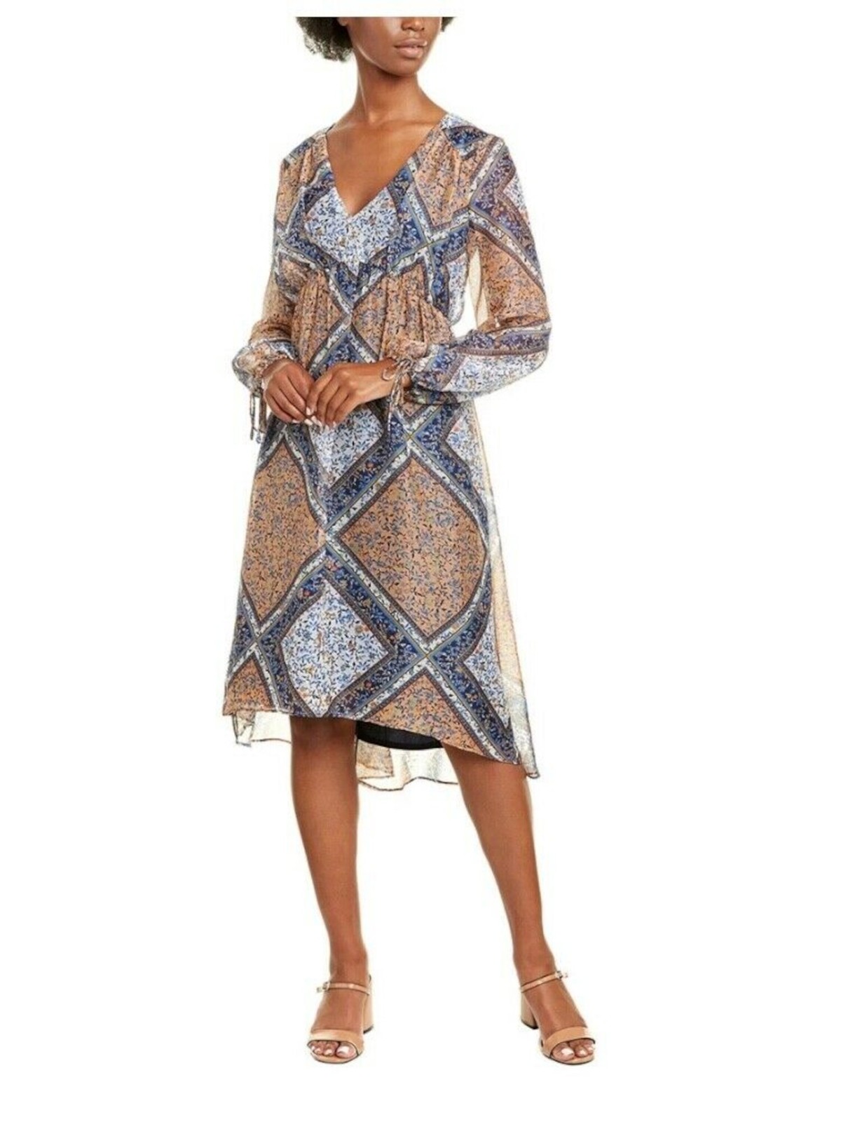 TAYLOR Womens Zippered Chiffon Cuffed Sleeve V Neck Midi Hi-Lo Dress