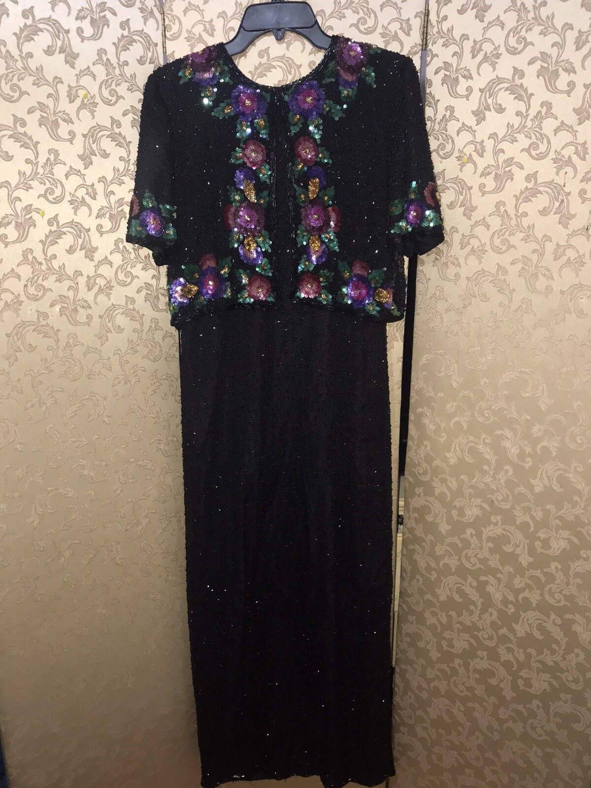 Laurence Kazar Black Pink Multi-Color Floral Beaded Long Dress Size Large L