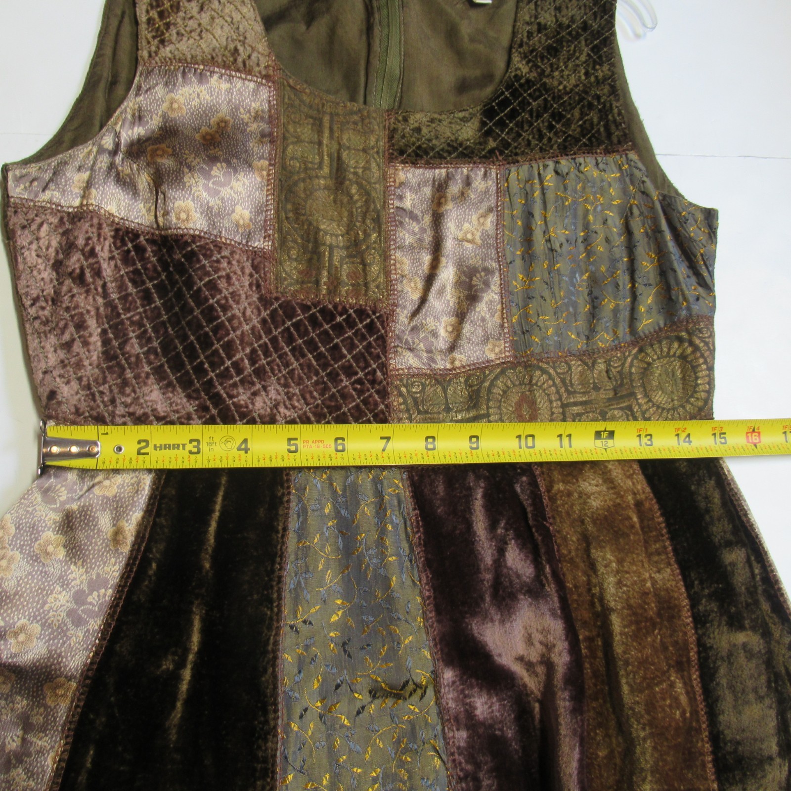 Vintage RENE DERHY VELVET PATCHWORK DRESS Brown Olive Scalloped Hem Size S Boho