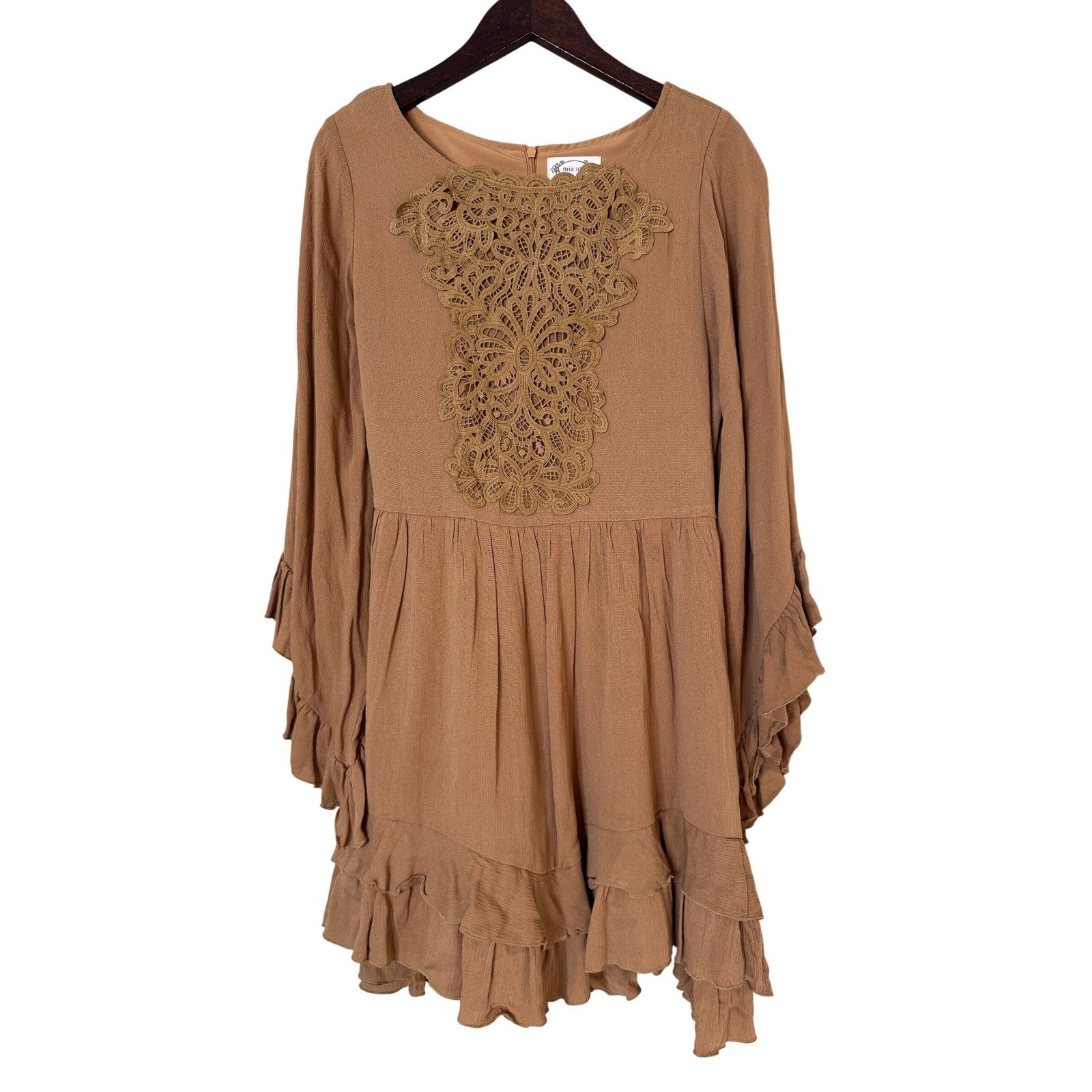 Mia Joy Joyfolie Tan Lace Applique Ruffle Sleeve Boho Mini Dress Womens Small