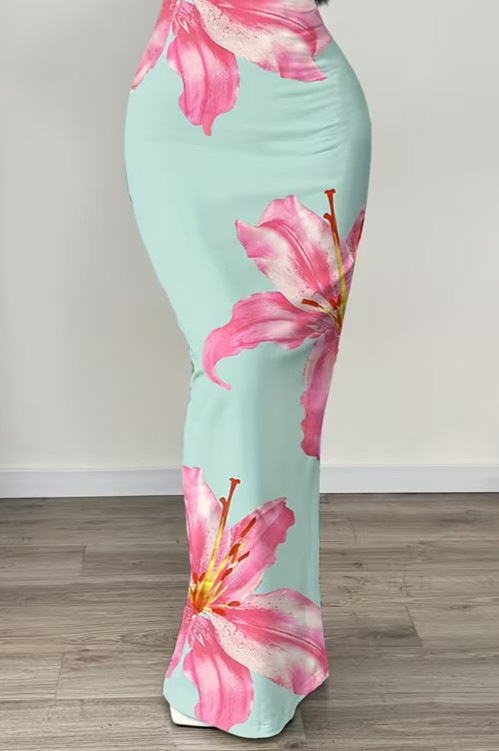 NEW Medium Elegant Sleveless Ruched Mint Green Maxi Dress w Pink & White Flowers